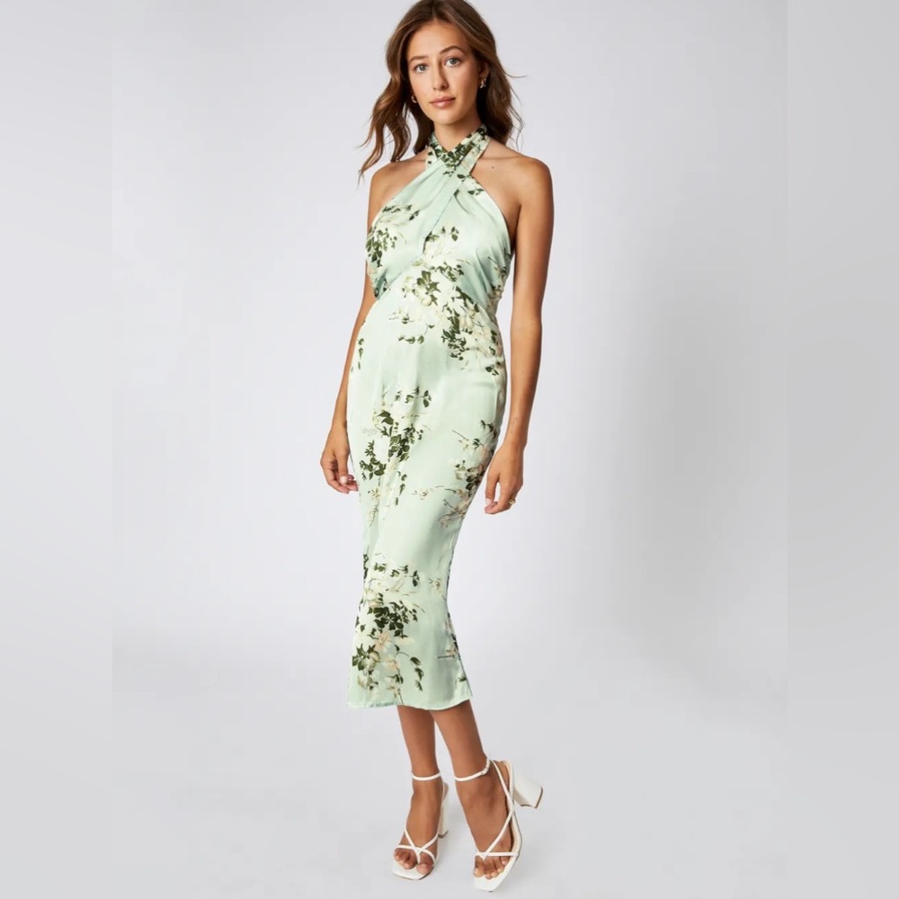 FLORAL CROSS HALTER MIDI DRESS